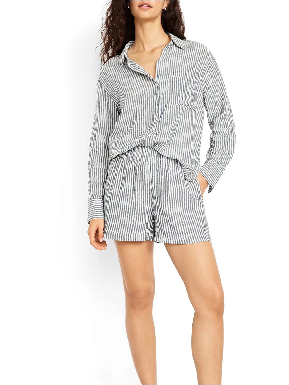 Old Navy High-Waisted Linen-Blend Shorts- Blue and White Stripe